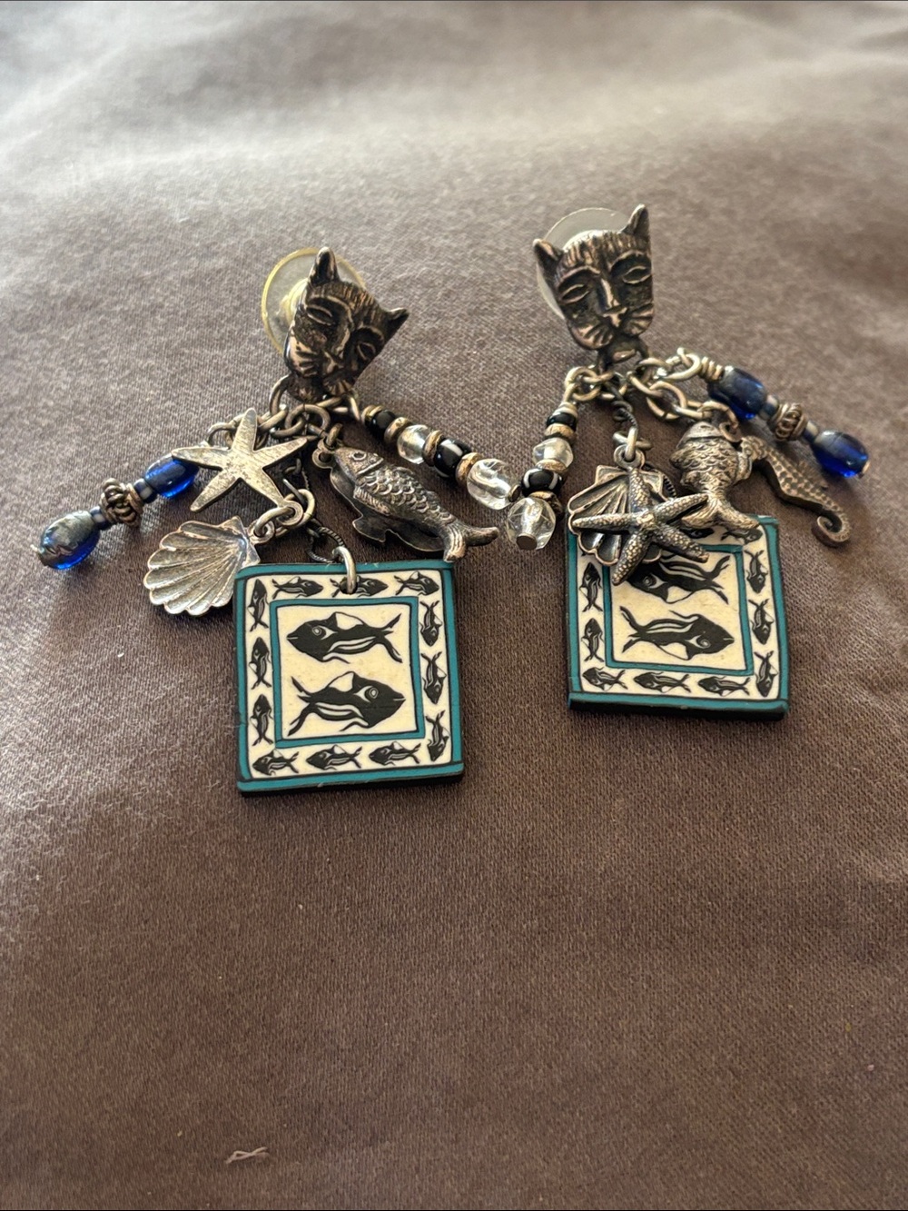 Cat, fish and sea creature Sterling dangle earrings.